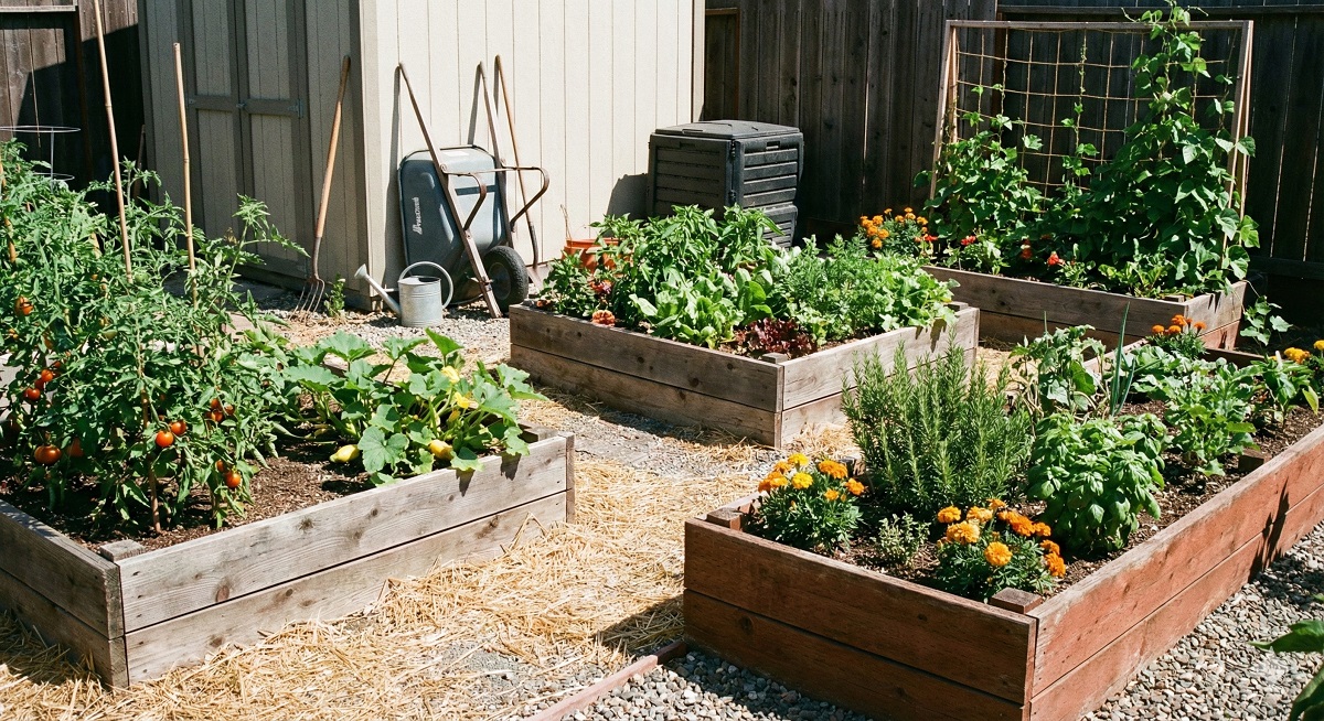 Lush vegetable garden with raised beds and healthy tomato plants